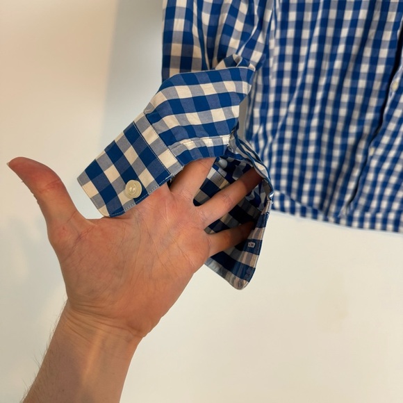 Club Monaco Gingham Button Down Shirt Plaid Textured Mens Slim L white blue - Picture 3 of 8
